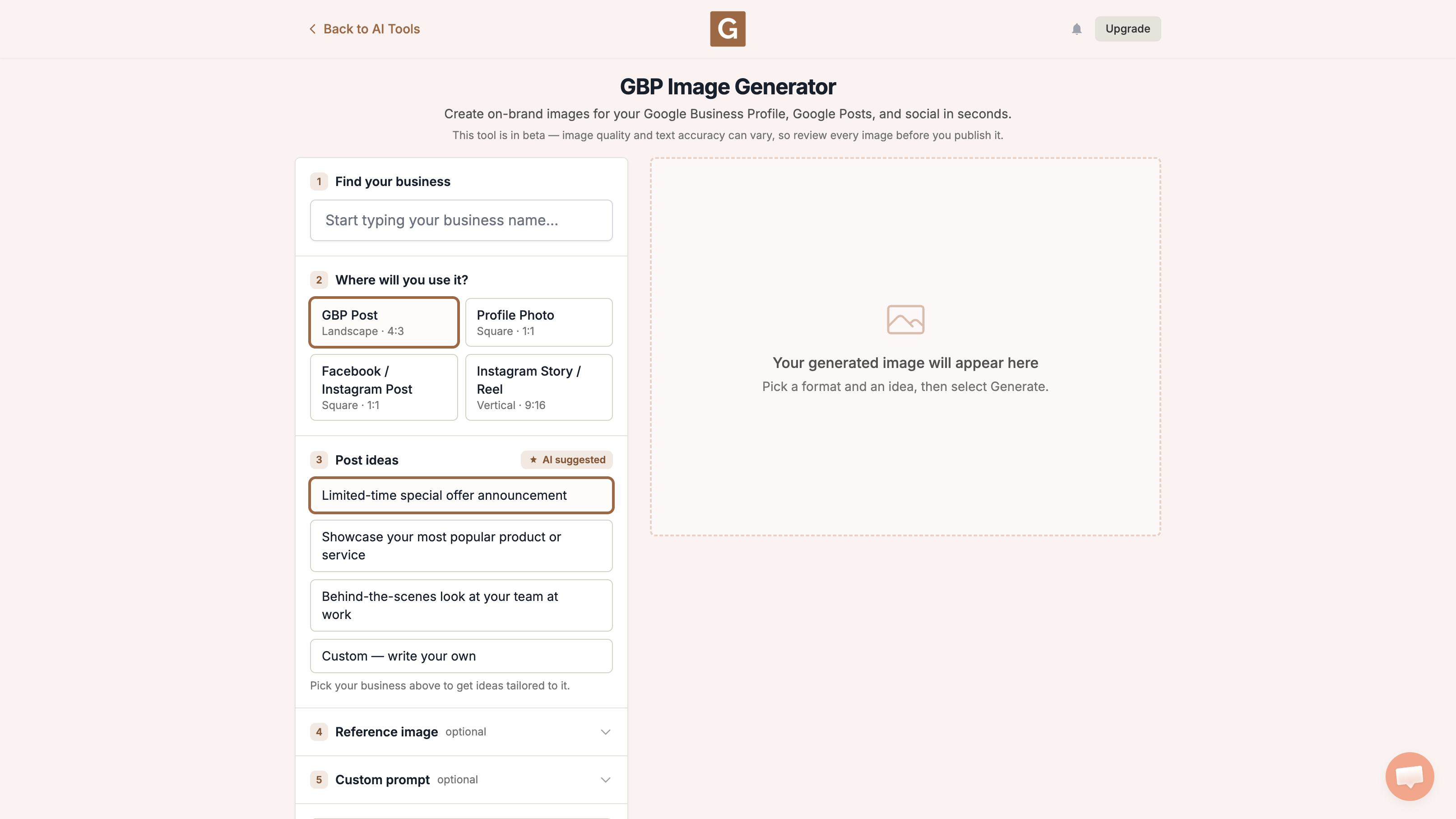 GBP Image Generator showing all four format cards including GBP Post Instagram and Story