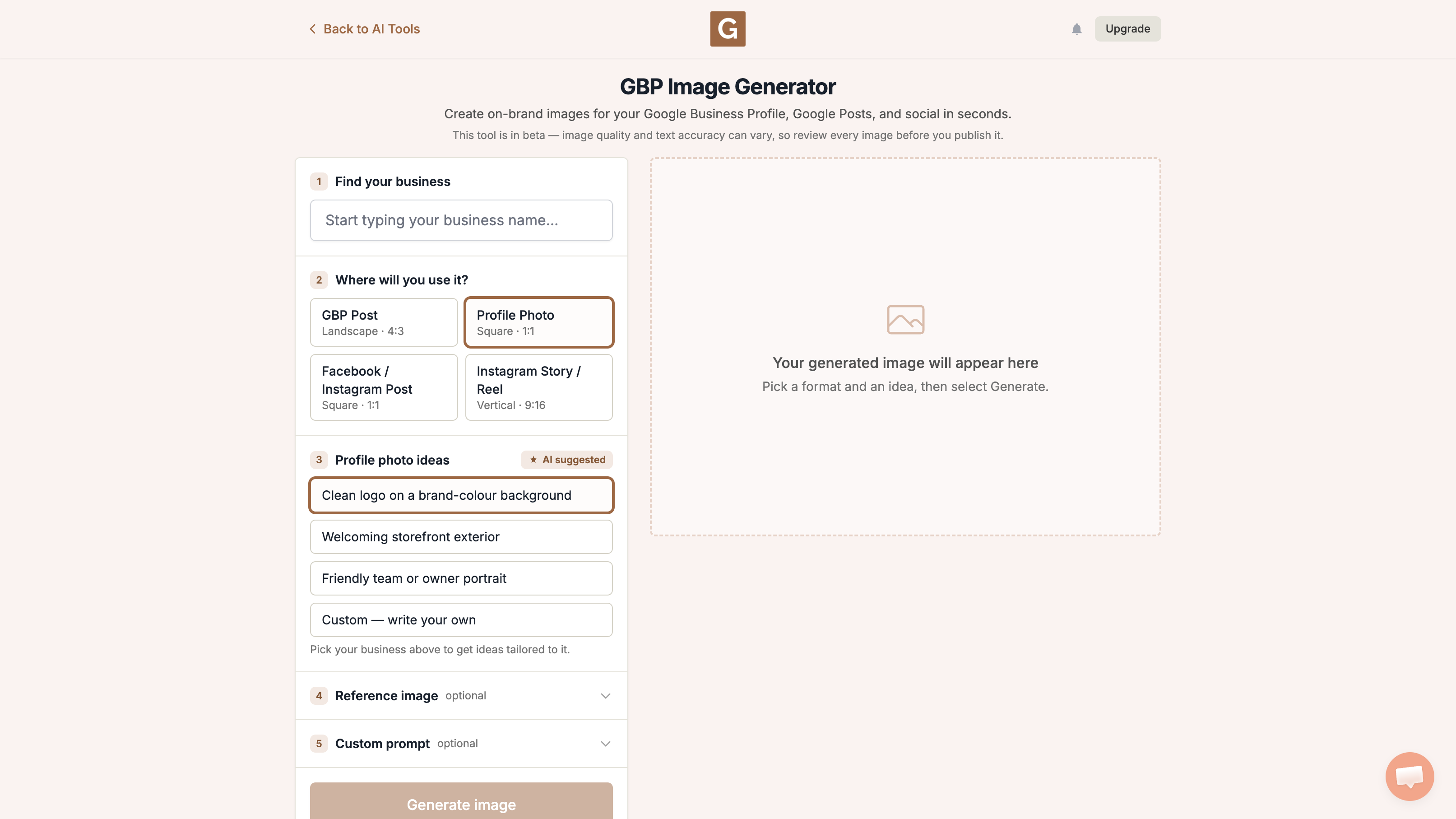 GBP Image Generator with Profile Photo Square 1:1 selected and Profile photo ideas listed
