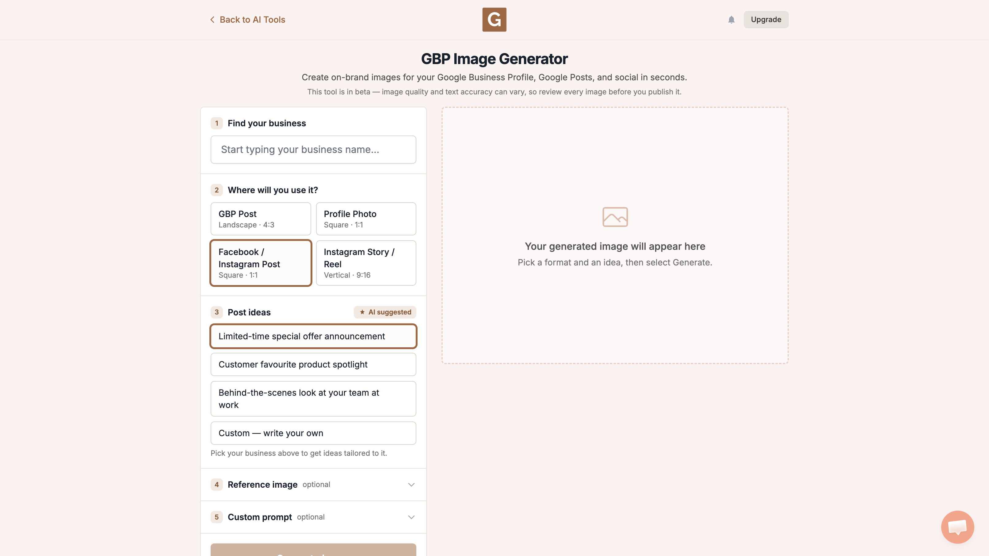 GBP Image Generator with Facebook Instagram Post Square 1:1 selected