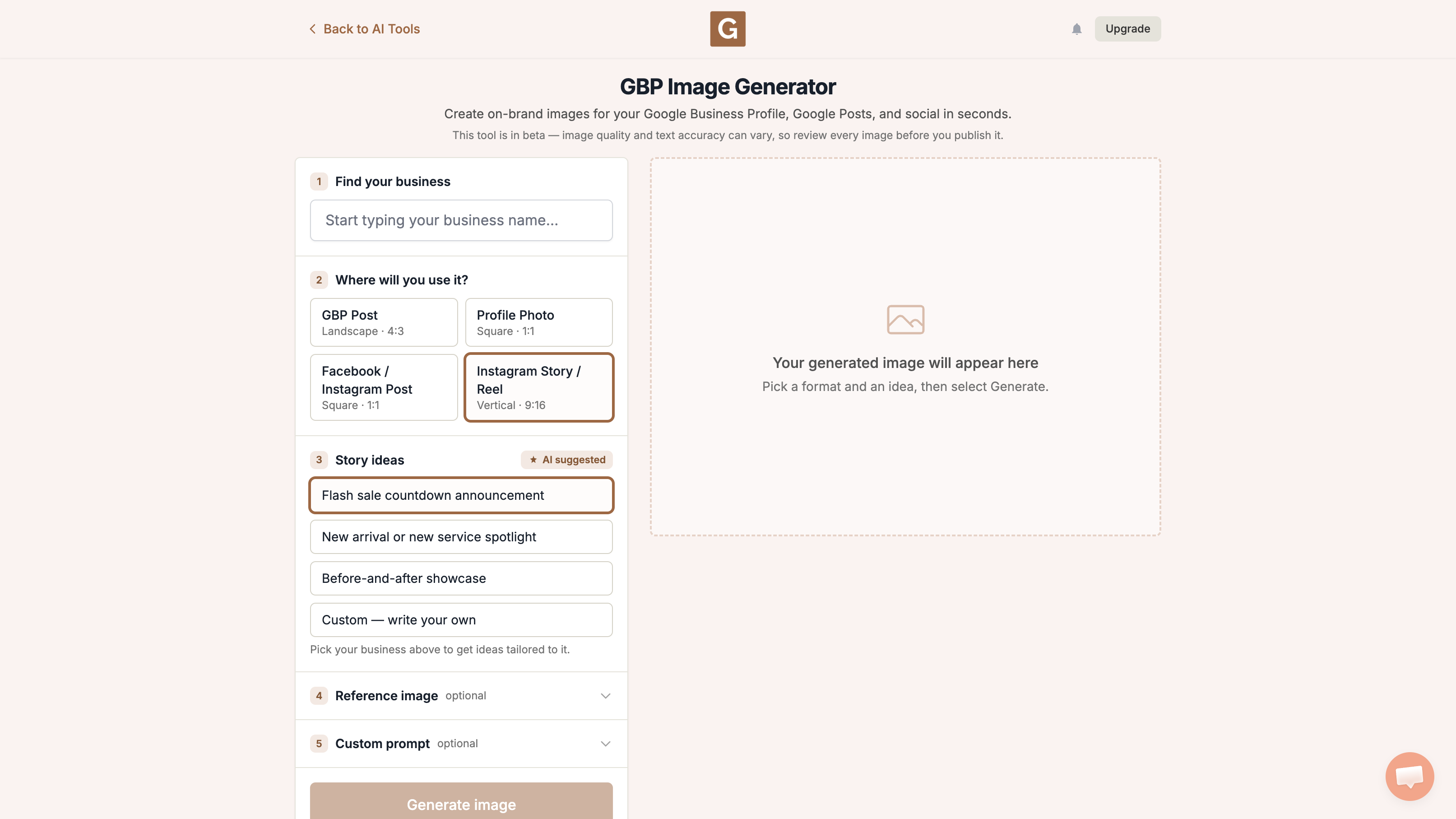 GBP Image Generator with Instagram Story Reel Vertical 9:16 selected and Story ideas listed