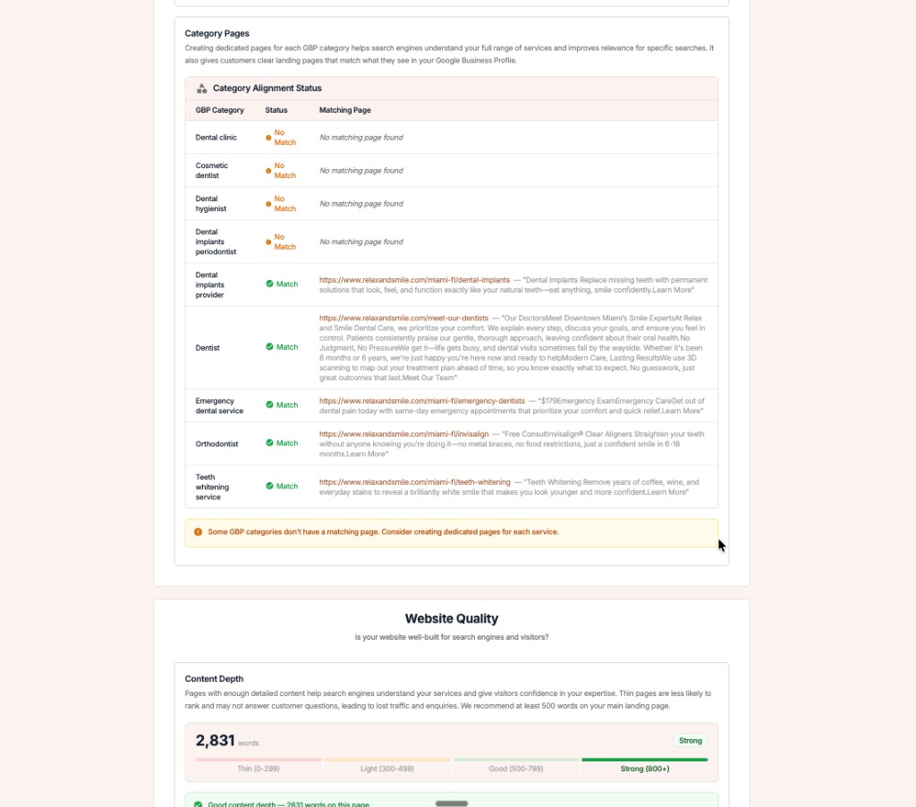 GMB Everywhere Website Audit Category Pages check showing each Google Business Profile category mapped to a website page with Match and No Match flags
