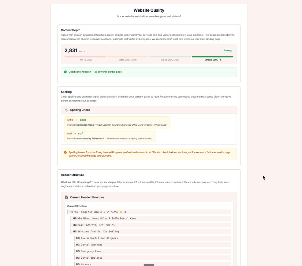 GMB Everywhere Website Audit showing the header structure from H1 to H6 alongside content depth and a spelling check