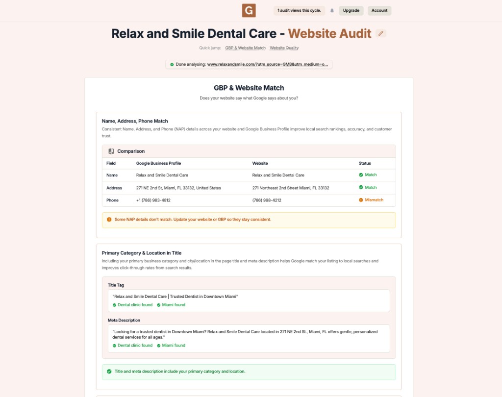 GMB Everywhere Website Audit showing a name, address, and phone comparison between a Google Business Profile and a website