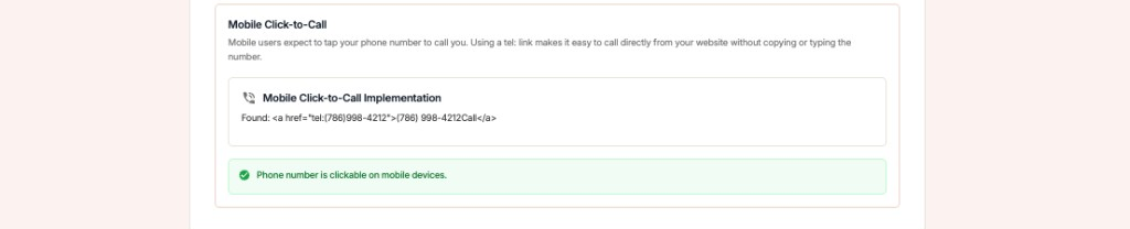 GMB Everywhere Website Audit Mobile Click-to-Call check confirming the phone number is clickable on mobile devices